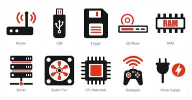 A set of 10 computer parts icons as router, usb, floppy vector