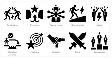 A set of 10 challenge icons as confrontation, contenders, resolve issues vector