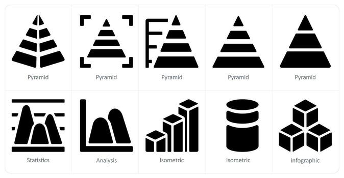 A set of 10 Diagrams and Reports icons as pyramid, statistics, analysis vector