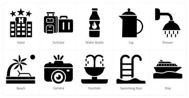 A set of 10 mix icons as hotel, suitcase, water bottle vector