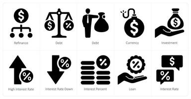 un conjunto de 10 préstamo y deuda íconos como refinanciar, deuda, moneda vector