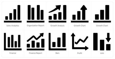 un conjunto de 10 diagramas y informes íconos como ventas analítica, organización informe, crecimiento análisis vector