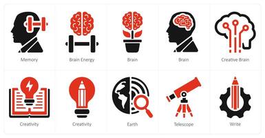 A set of 10 school and education icons as memory, brain energy, brain vector
