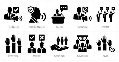 A set of 10 freedom of speech icons as free speech, protected speech, speech vector