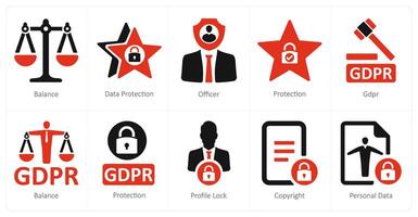 A set of 10 gdpr icons as balance, data protection, officer vector