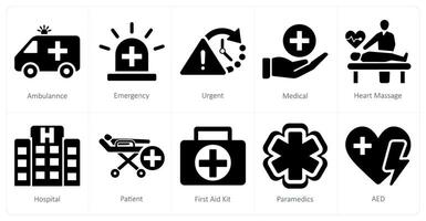 un conjunto de 10 emergencia íconos como ambulancia, emergencia, urgente vector