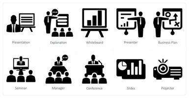 A set of 10 business presentation icons as presentation, explanation, white board vector