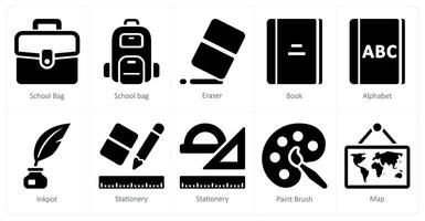 A set of 10 School and Education icons as school bag, eraser, book vector