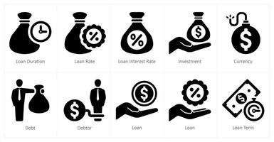 A set of 10 Loan and Debt icons as loan duration, loan rate, loan interest rate vector