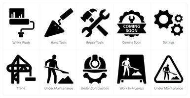 A set of 10 Under Construction icons as white wash, hand tools, repair tools vector