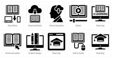 un conjunto de 10 en línea educación íconos como datos compartir, descargar libro, en línea educación vector