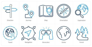A set of 10 adventure icons as direction, journey, map vector