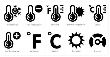 A set of 10 Weather icons as thermometer, cold temperature, fahrenheit vector