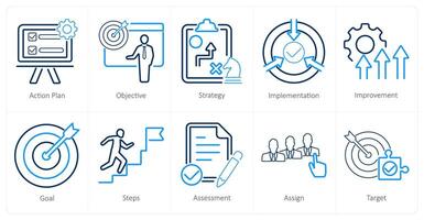 un conjunto de 10 acción plan íconos como acción plan, objetivo, estrategia vector