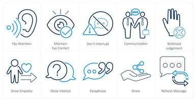 A set of 10 active listening icons as pay attention, maintain eye contact, dont interrupt vector