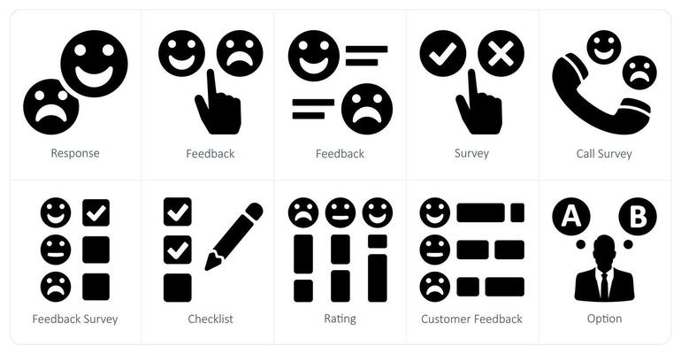A set of 10 survey and ratings icons as response, feedback, survey