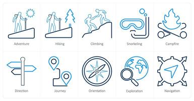 A set of 10 adventure icons as adventure, hiking, climbing vector