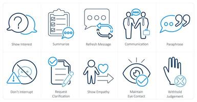 A set of 10 active listening icons as show interest, summarize, refresh message vector