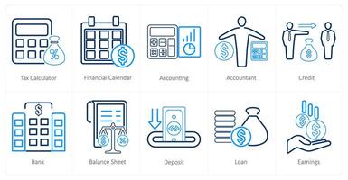 A set of 10 accounting icons as tax calculator, financial calendar, accounting vector