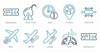 A set of 10 airport icons as boarding pass, bomb threat, delay vector