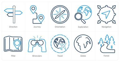 A set of 10 adventure icons as direction, journey, orientation vector