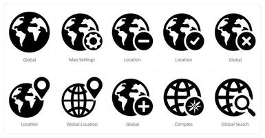 A set of 10 Navigation icons as global, map settings, location vector