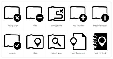 A set of 10 Navigation icons as wrong map, map, wrong route vector