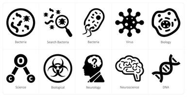 A set of 10 Science and Experiment icons as bacteria, search bacteria, virus vector