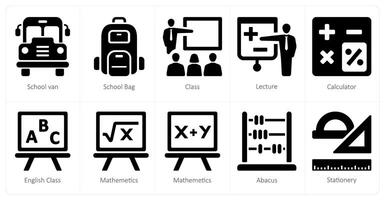 A set of 10 School and Education icons as school van, school bag, class vector
