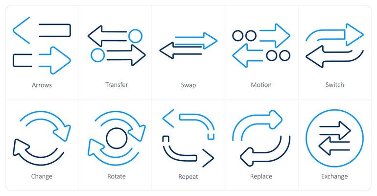A set of 10 arrows icons as arrows, transfer, swap