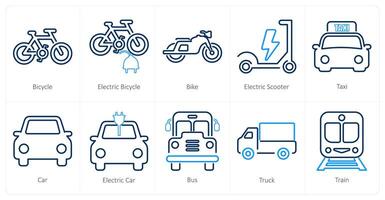 A set of 10 mix icons as bicycle, electric bicycle, bike vector