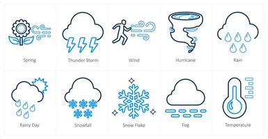 un conjunto de 10 mezcla íconos como primavera, trueno tormenta, viento vector