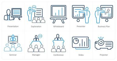 A set of 10 business presentation icons as presentation, explanation, white board vector