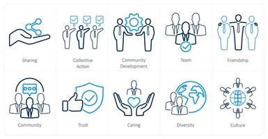 A set of 10 community icons as sharing, collective action, community development vector