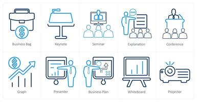 A set of 10 business presentation icons as business bag, keynote, seminar vector