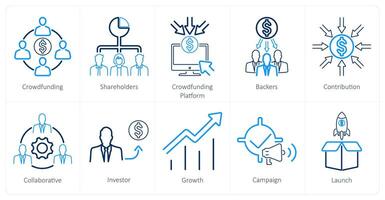 A set of 10 crowdfunding icons as crowdfunding, shareholders, crowdfunding platform vector