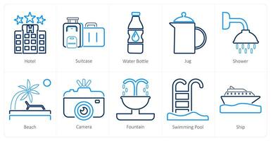 A set of 10 mix icons as hotel, suitcase, water bottle vector