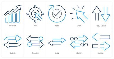 un conjunto de 10 flechas íconos como aumentar, apuntar, rehacer vector