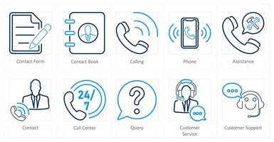 A set of 10 contact icons as contact form, contact book, calling vector