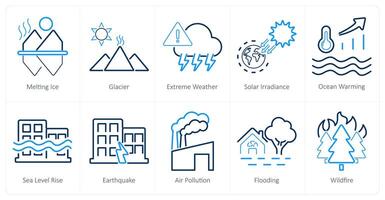 un conjunto de 10 clima cambio íconos como derritiendo hielo, glaciar, extremo clima vector