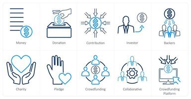 A set of 10 crowdfunding icons as money, donation, contribution, investor vector