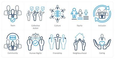 A set of 10 community icons as team, collective action, culture vector