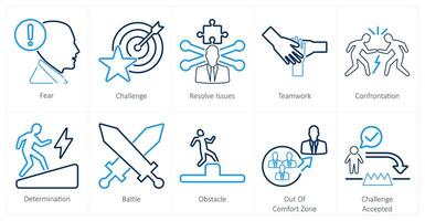 A set of 10 challenge icons as fear, challenge, resolve issues vector