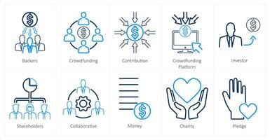 A set of 10 crowdfunding icons as backers, crowdfunding, conttibution vector