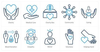 A set of 10 charity and donation icons as charity, medical care, charity box vector