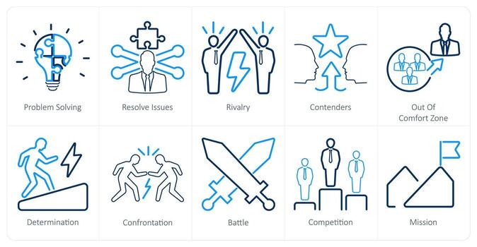 A set of 10 challenge icons as problem solving, resolve issues, rivalry vector