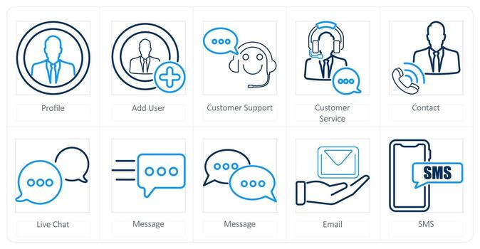 A set of 10 contact icons as profile, add user, customer support vector