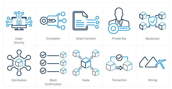 A set of 10 blockchain icons as cyber security, encryption, smart contract vector