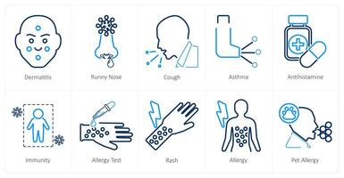 A set of 10 allergy icons as dermatitis, runny nose, cough vector