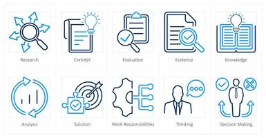 A set of 10 critical thinking icons as research, evaluation, evidence vector